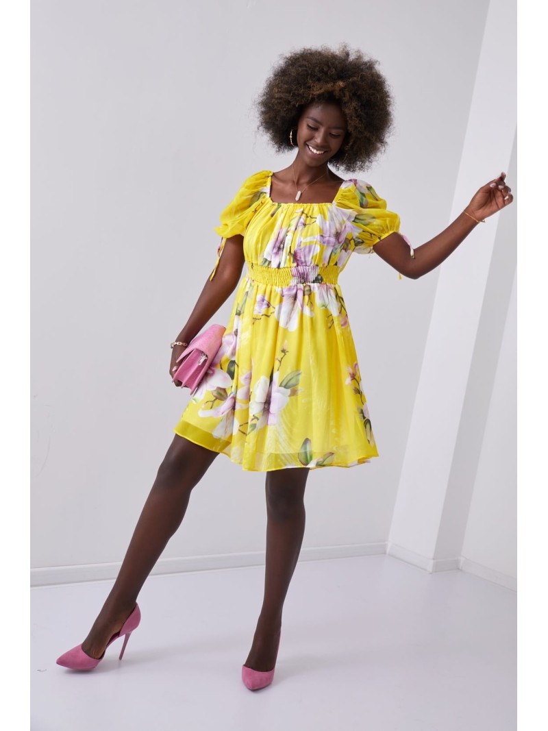 Airy dress with gathered waist, yellow 030800 - Online store - Boutique